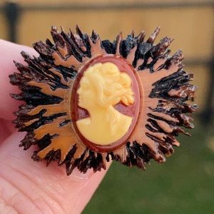 Vintage cameo brooch on what appears to be a walnut shell!!